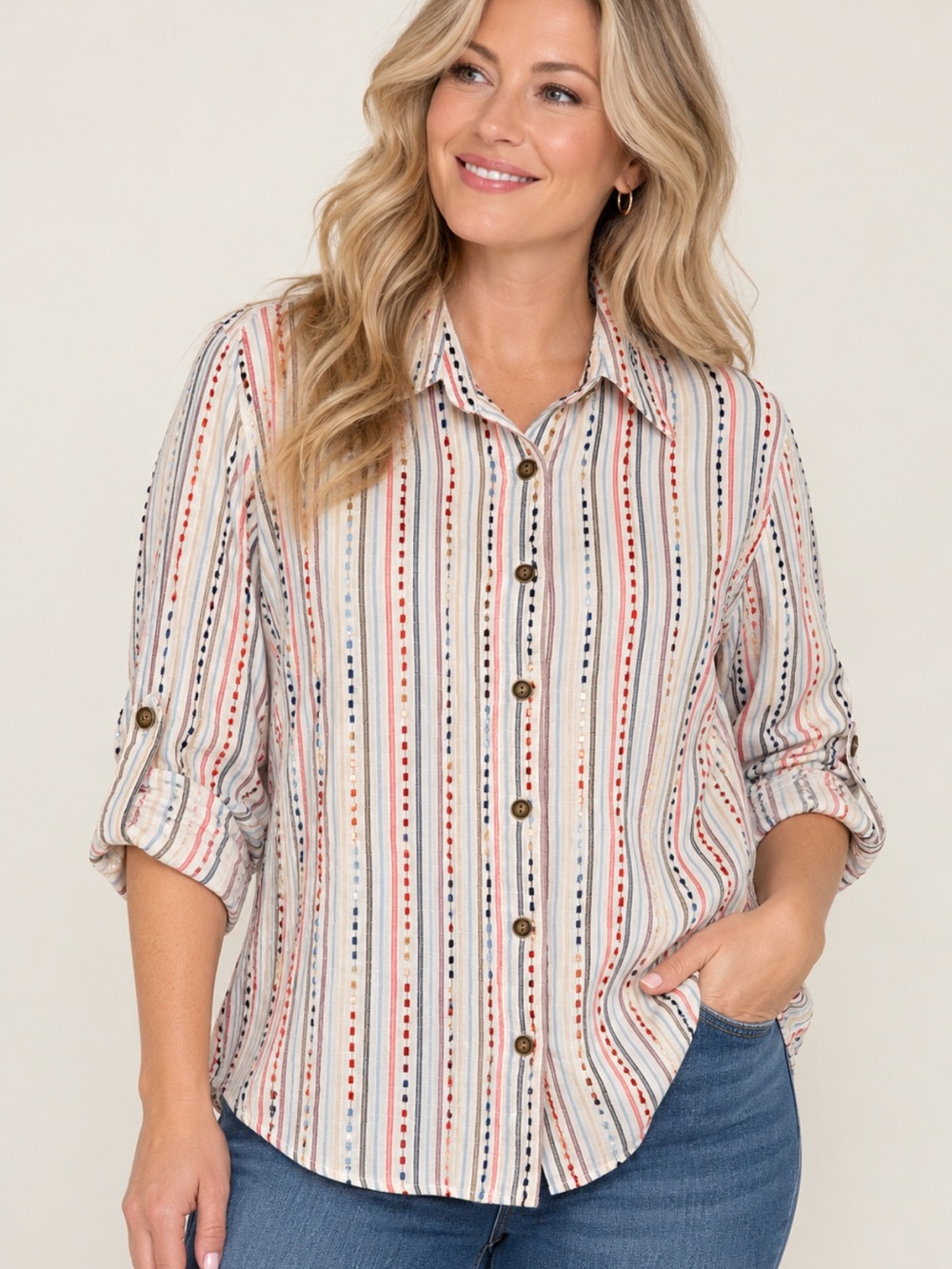 Alfred Dunner 18W Striped Textured Button Front Blouse Cotton Blend